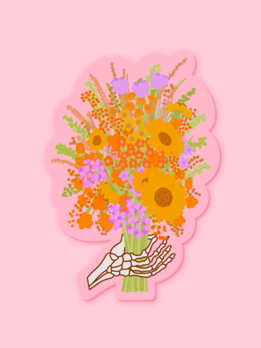 SKELE HAND HOLDING FLOWER BOUQUET VINYL STICKER
