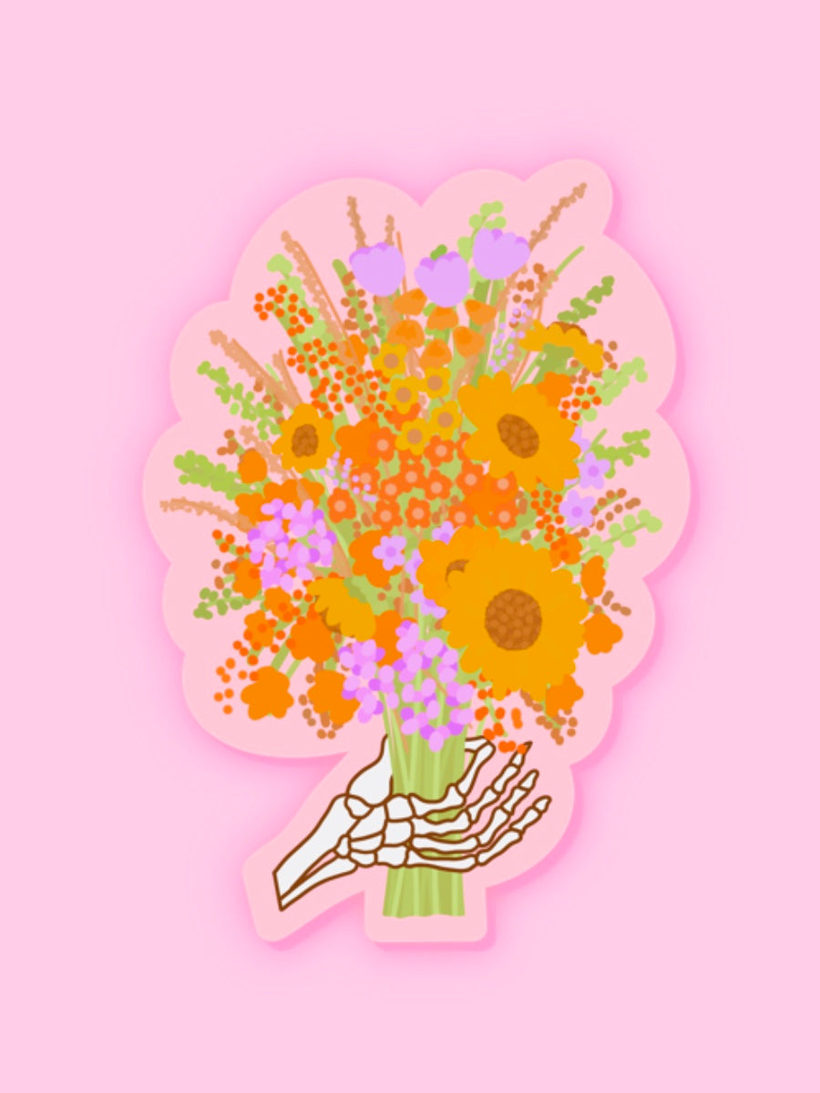 SKELE HAND HOLDING FLOWER BOUQUET VINYL STICKER