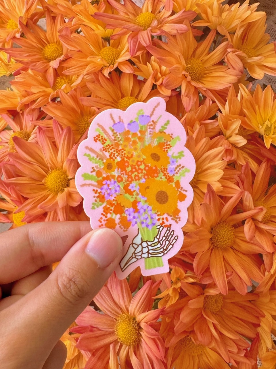 SKELE HAND HOLDING FLOWER BOUQUET VINYL STICKER