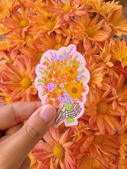 SKELE HAND HOLDING FLOWER BOUQUET VINYL STICKER