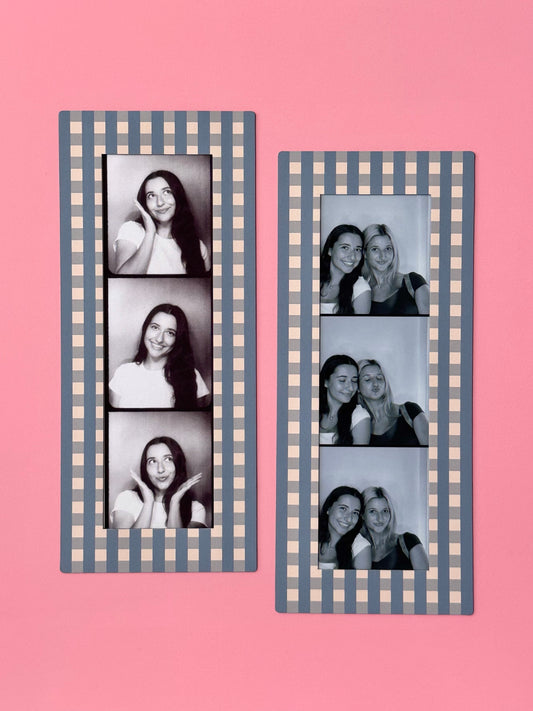 Two photo collages with checkered borders on a pink background