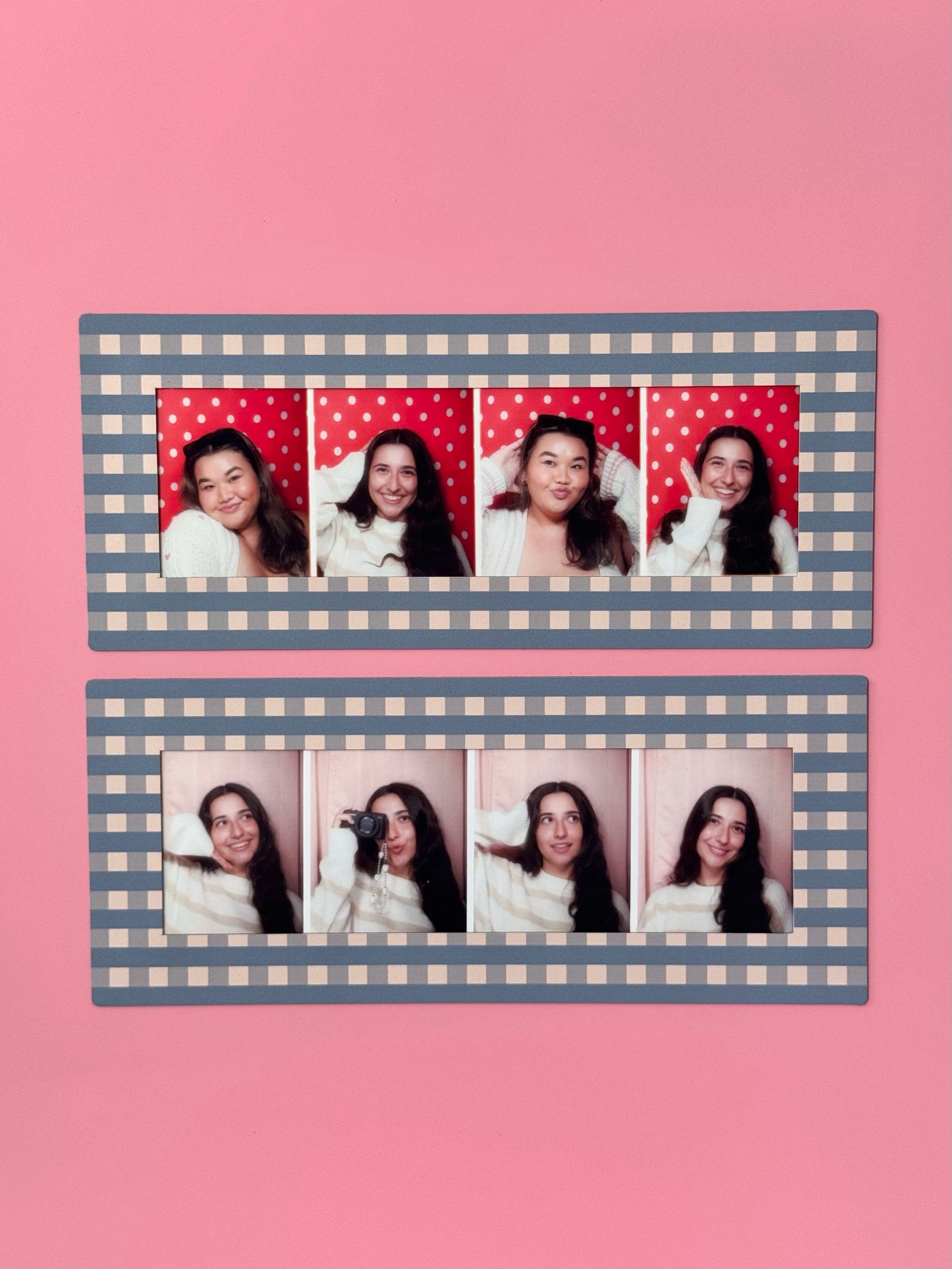 Two checkered photo frames with portrait shots of a person on a pink background