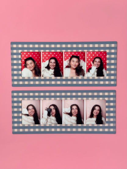 Two checkered photo frames with portrait shots of a person on a pink background