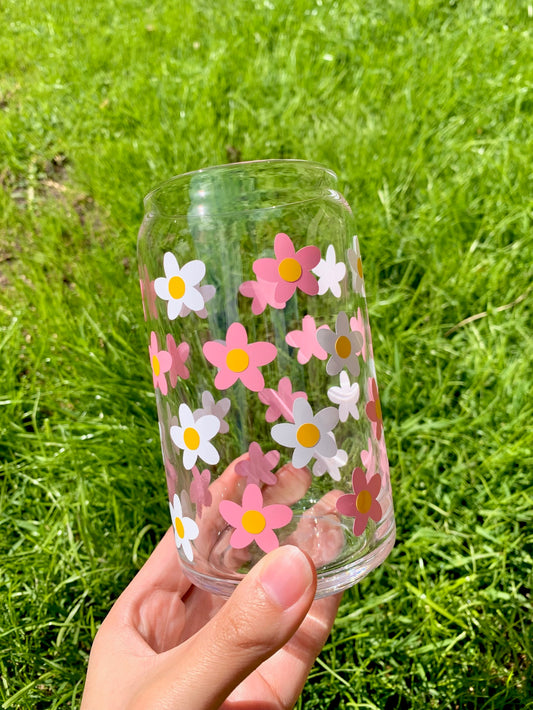 PINK & WHITE DAISIES GLASS CUP